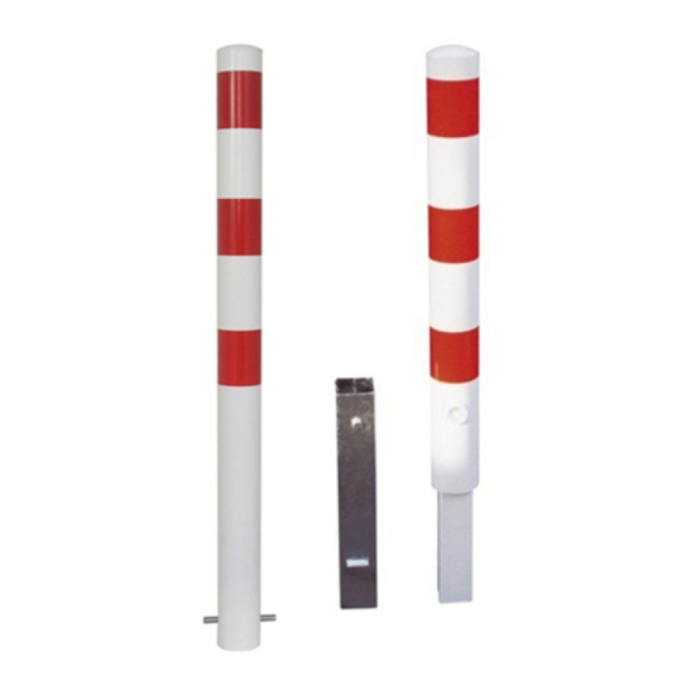 Modellbeispiele: Absperrpfosten -Bollard- Ø 89 mm (beide Modelle weiß beschichtet) ortsfest (v.l. Art. 489b, herausnehmbar 489fb)
