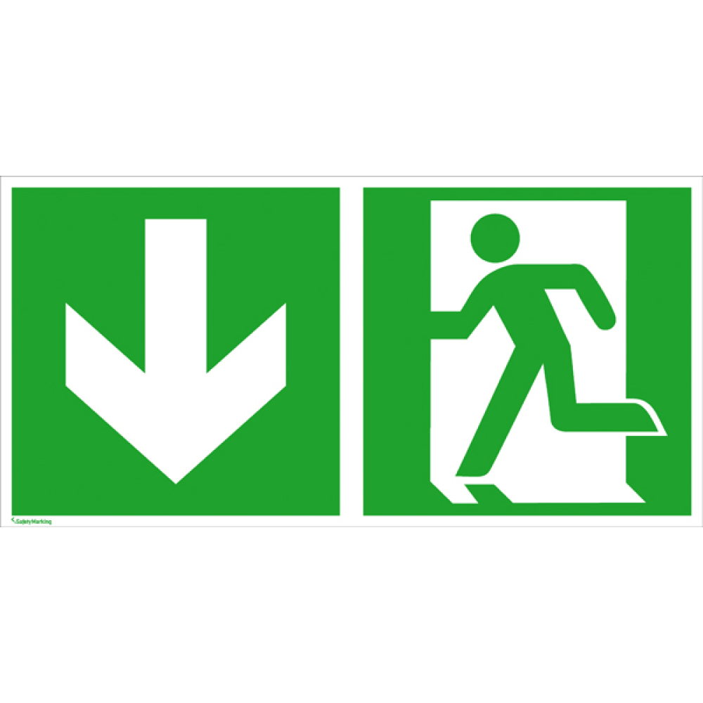 Modellbeispiel: Rettungsschild Notausgang (links) mit Richtungspfeil abwärts (Art. 38.0084)