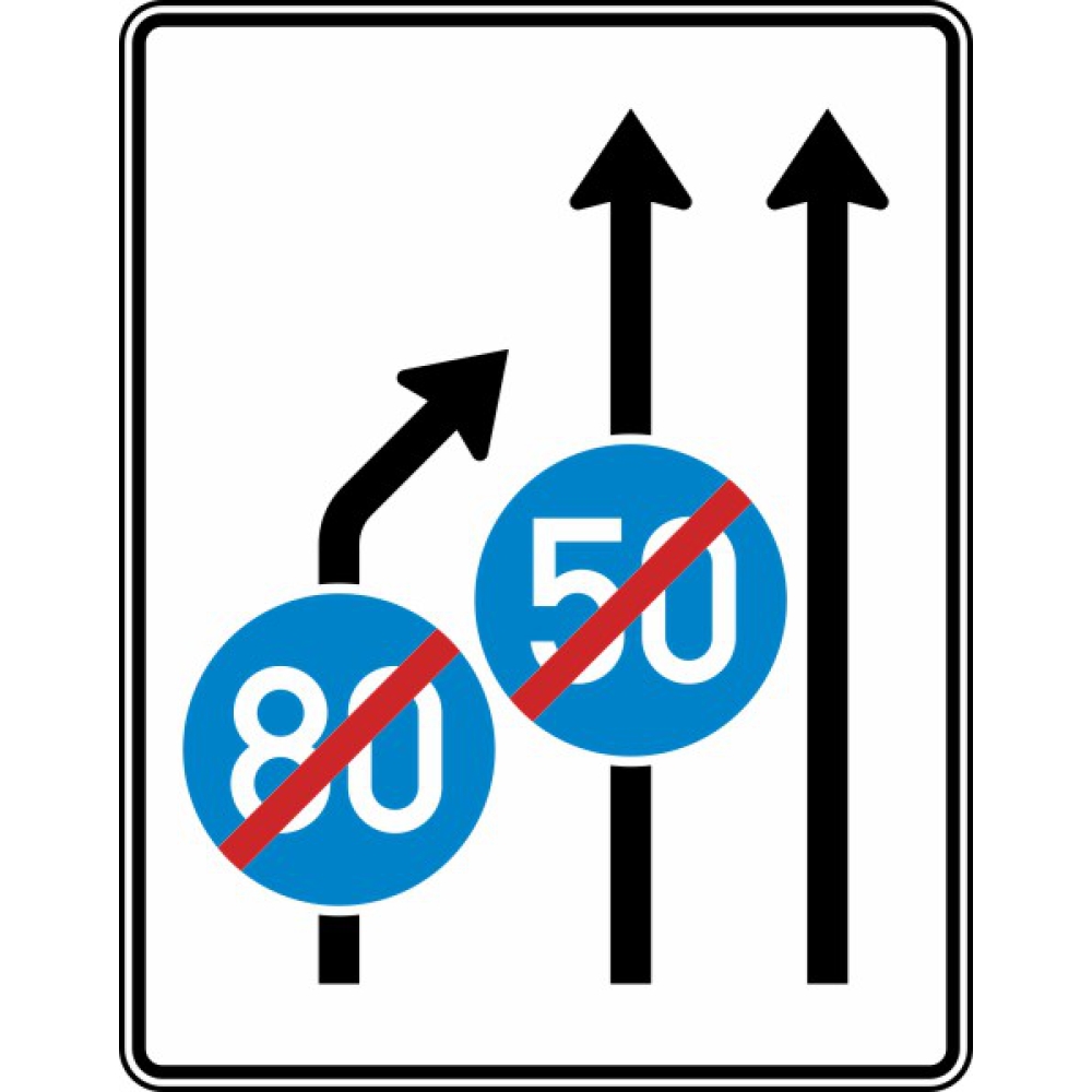 Anwendungsbeispiel: VZ Nr. 535-21 Einengungstafel ohne Gegenverkehr, Einzug links, Ende der Mindestgeschwindigkeit