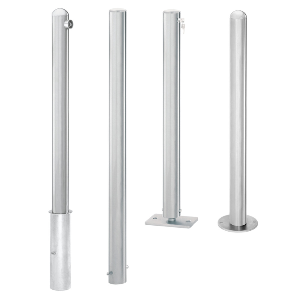 Modellbeispiel: Absperrpfosten -Steel Line-  Ø 76 mm (v.l. Art. 14184-01-00, 14188-02-00, 14291-02-00, 14189-01-00)