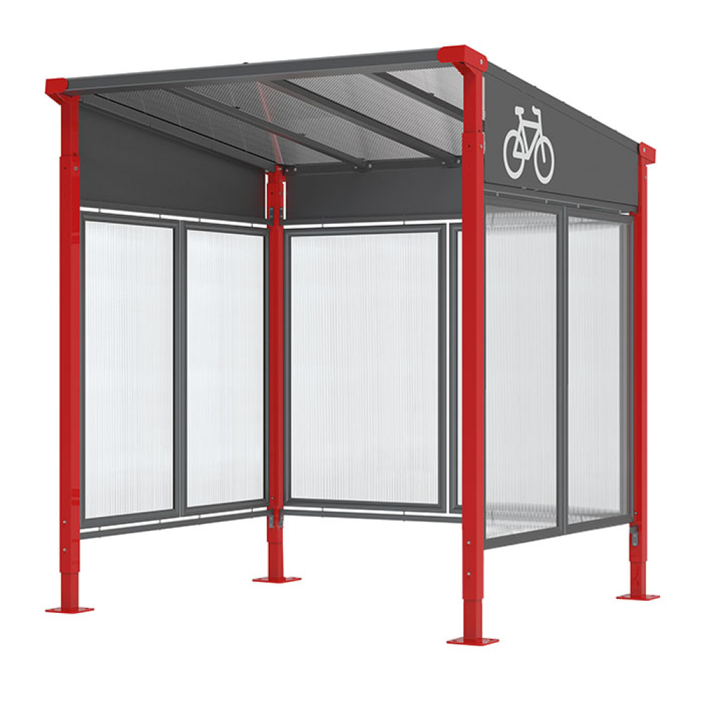 Modellbeispiel: Fahrradüberdachung -Milano- Grundfeld mit Rück- u. Seitenwänden (37659) auf Anfrage: zweifarbig, Wetterschutz, Logo