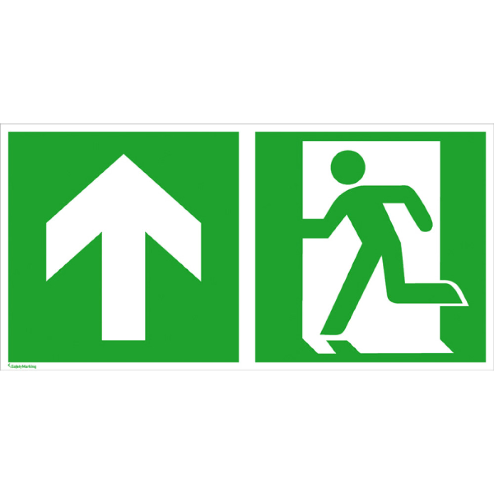 Modellbeispiel: Rettungsschild Notausgang (links) mit Richtungspfeil aufwärts bzw. geradeaus (Art. 38.3025)